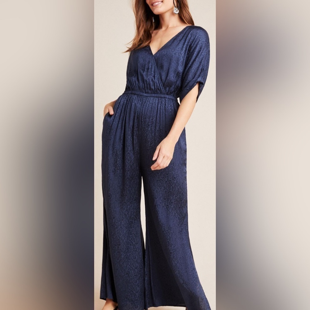 NWT Anthropologie Maeve Jacquard Jumpsuit Jacqueline Navy party street leopard S